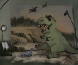 Size: 800x666 | Tagged: safe, artist:exclusionzone, dinosaur, tyrannosaurus rex, microphone, pterodactyl, tabun art-battle