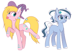 Size: 2216x1544 | Tagged: safe, artist:doekitty, oc, oc only, oc:icy pop, oc:sparkly potions, earth pony, pony, unicorn, duo, female, freckles, hat, mare, raised hoof, raised leg, simple background, smiling, tongue out, transparent background, witch hat