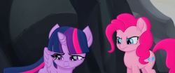 Size: 1920x800 | Tagged: safe, derpibooru import, screencap, pinkie pie, twilight sparkle, twilight sparkle (alicorn), alicorn, earth pony, pony, my little pony: the movie, angry, argument, frown, glare, looking down, sad