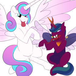 Size: 2048x2048 | Tagged: safe, artist:percy-mcmurphy, derpibooru import, princess flurry heart, oc, oc:alistair, alicorn, changedling, changeling, changepony, colored sclera, cousins, fangs, horn, hybrid wings, interspecies offspring, looking at each other, next generation, offspring, parent:thorax, parent:twilight sparkle, parents:twirax, playing, simple background, size difference, tongue out, transparent background
