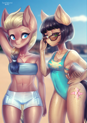 Size: 2895x4092 | Tagged: safe, artist:tawni-tailwind, derpibooru import, oc, oc only, oc:pepper spice, oc:valiant frost, anthro, earth pony, pegasus, abs, anthro oc, arm freckles, armpits, beach, belly button, blue eyes, body freckles, braid, celestia's cutie mark, clothes, cutie mark, duo, ear freckles, female, freckles, green eyes, hand on hip, hip freckles, mare, midriff, muscles, one-piece swimsuit, open-back swimsuit, pair, ponytail, short hair, short mane, shorts, shoulder freckles, sunglasses, swimsuit, thigh gap, thighs