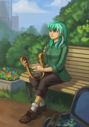 Size: 800x1140 | Tagged: safe, artist:asimos, artist:lexx2dot0, artist:maytee, derpibooru import, lyra heartstrings, human, fanfic:anthropology, bench, city, cloud, fanfic, fanfic art, female, flower, humanized, looking up, lyre, money, musical instrument, park, sitting, smiling, solo