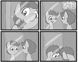 Size: 954x764 | Tagged: safe, artist:happy harvey, scootaloo, pegasus, pony, black and white, brush, brushing, comic, drawn on phone, ellory the shark, feels, female, filly, grayscale, hairbrush, insecure, looking down, mirror, monochrome, reflection, sad, scootasad, smiling