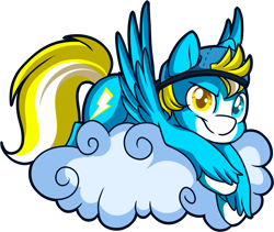 Size: 1520x1285 | Tagged: safe, artist:xwhitedreamsx, oc, oc only, oc:yellow flash, pegasus, pony, backwards ballcap, baseball cap, cap, cloud, hat, heterochromia, male, prone, simple background, solo, stallion, transparent background