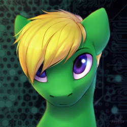 Size: 900x900 | Tagged: safe, artist:andyfirelife, derpibooru import, oc, oc only, oc:rail, pony, abstract background, bust, green, icon, looking at you, purple eyes, solo, ych result