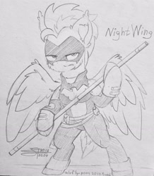 Size: 2337x2683 | Tagged: safe, artist:airfly-pony, derpibooru import, oc, oc only, oc:wing hurricane, pegasus, pony, angry, belt, clothes, crossover, ear fluff, lighting bolt, looking at you, male, nightwing, pegasus oc, pole, rcf community, sketch, solo, stallion, suit, superhero, traditional art, weapon