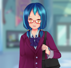 Size: 1037x982 | Tagged: safe, artist:electricshine, derpibooru import, indigo zap, equestria girls, alternate hairstyle, clothes, crystal prep academy uniform, female, glasses, looking at you, pigtails, school uniform, shoulder bag, solo