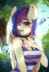 Size: 3628x5315 | Tagged: safe, artist:krisfox97, derpibooru import, oc, oc only, oc:lilith kamaria, anthro, butterfly, pegasus, anthro oc, blushing, choker, clothes, female, forest, hair over one eye, mare, smiling, tanktop, tree, wings, ych result