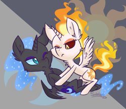 Size: 900x783 | Tagged: safe, artist:flourret, daybreaker, nightmare moon, alicorn, pony, a royal problem, chibi, duo, one eye closed