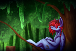 Size: 3500x2350 | Tagged: safe, artist:immagoddampony, derpibooru import, oc, oc only, pegasus, pony, against tree, art trade, eyes closed, high res, solo, tree