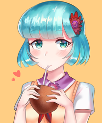 Size: 800x960 | Tagged: safe, artist:tzc, derpibooru import, coco pommel, human, anime, clothes, cocobetes, coconut, coconut cup, cute, drinking, drinking straw, female, food, heart, human coloration, humanized, looking at you, name pun, pun, simple background, solo, straw, visual pun