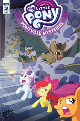 Size: 1054x1600 | Tagged: safe, artist:philip murphy, derpibooru import, idw, apple bloom, scootaloo, sweetie belle, bat, earth pony, pony, spider, unicorn, luna eclipsed, spoiler:comic, spoiler:comicponyvillemysteries3, cover, cutie mark crusaders, faic, female, filly, flashlight (object), magic, ponyville mysteries, spider web, telekinesis