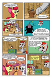 Size: 1024x1536 | Tagged: safe, artist:cartoon-eric, apple bloom, scootaloo, sweetie belle, oc, oc:fritz, oc:gear loose, pony, comic:cmc and gear loose, brain, comic, cutie mark crusaders, giggling, morse code