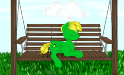 Size: 1024x618 | Tagged: safe, artist:cherry, derpibooru import, oc, oc only, oc:rail, pegasus, pony, bench, blue sky, grass, solo, swing, ych result
