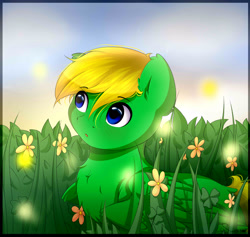 Size: 2425x2300 | Tagged: safe, artist:sweesear, derpibooru import, oc, oc:rail, pegasus, pony, blushing, cute, flower, grass, solo, ych result