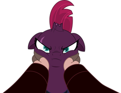 Size: 5000x3845 | Tagged: safe, artist:dashiesparkle, derpibooru import, tempest shadow, verko, .svg available, angry, annoyed, broken horn, cheekpest shadow, eye scar, face grab, floppy ears, scar, simple background, this will end in pain, transparent background, vector