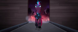 Size: 1920x800 | Tagged: safe, screencap, tempest shadow, pony, my little pony: the movie, airship, broken horn, eye scar, glowing eyes, jumping, magic, ramp, scar, sparking horn, storm guard