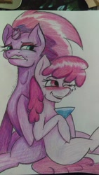 Size: 1836x3264 | Tagged: safe, artist:zomixnu, derpibooru import, berry punch, berryshine, fizzlepop berrytwist, tempest shadow, my little pony: the movie, broken horn, cocktail glass, colored pencil drawing, drunk, duo, traditional art