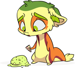 Size: 1678x1511 | Tagged: safe, artist:kez, derpibooru import, oc, oc only, oc:non toxic, monster pony, original species, tatzlpony, chibi, dropped ice cream, food, hoof hold, ice cream, ice cream cone, sad, silly, simple background, solo, transparent background