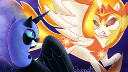 Size: 1920x1080 | Tagged: safe, artist:mlp-firefox5013, daybreaker, nightmare moon, alicorn, pony, a royal problem, duo, female, fight, helmet, looking at each other, mare, sisters