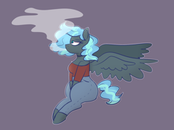 Size: 1024x765 | Tagged: safe, artist:ashidaii, derpibooru import, oc, oc:floral rift, pegasus, pony, clothes, female, gray background, mare, pants, shirt, simple background, smoking, solo