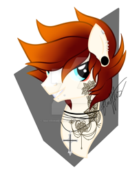 Size: 600x744 | Tagged: safe, artist:flufflesauce, artist:mayrinmewmew, derpibooru import, oc, oc:auburn sunset, pegasus, pony, blue eyes, bust, food, male, orange, peach, piercing, portrait, punk, red, rocker, singer, solo, stallion, tattoo