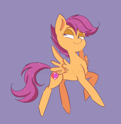 Size: 3715x3817 | Tagged: safe, artist:drawbauchery, derpibooru import, scootaloo, pegasus, pony, female, filly, lidded eyes, purple background, simple background, smug, solo, watermark