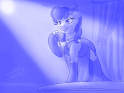 Size: 1024x768 | Tagged: safe, artist:novaintellus, derpibooru import, sapphire shores, earth pony, pony, clothes, dress, female, hat, mare, monochrome, newbie artist training grounds, open mouth, signature, singing, solo