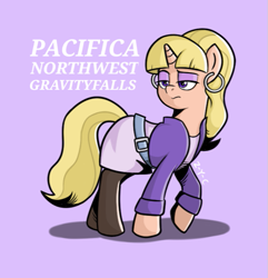 Size: 627x650 | Tagged: safe, artist:z-y-c, derpibooru import, pony, unicorn, clothes, ear piercing, earring, female, gravity falls, jewelry, mare, pacifica northwest, piercing, ponified, purple background, simple background, solo