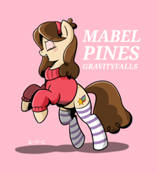 Size: 712x780 | Tagged: safe, artist:z-y-c, derpibooru import, earth pony, pony, clothes, female, gravity falls, mabel pines, mare, ponified, socks, solo, striped socks, sweater