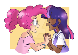 Size: 1024x724 | Tagged: safe, artist:drawbauchery, derpibooru import, pinkie pie, twilight sparkle, human, cute, dark skin, hand grab, happy, humanized, watermark