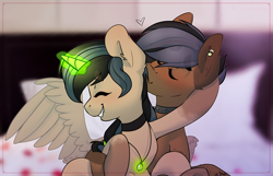 Size: 1262x811 | Tagged: safe, artist:trickate, oc, oc only, oc:jane, oc:oliver, alicorn, pony, alicorn oc, choker, ear fluff, eyes closed, female, glowing horn, heart, jewelry, kissing, magic, male, necklace, oc x oc, shipping, smiling, spiked choker, straight