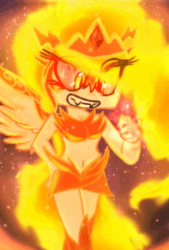 Size: 408x603 | Tagged: safe, artist:starchasesketches, daybreaker, human, a royal problem, animated, armor, breasts, cleavage, fangs, female, fire, gif, grin, humanized, magic, smiling, solo, wavy mane, winged humanization, wings