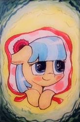 Size: 451x689 | Tagged: safe, artist:plushcolossus, derpibooru import, coco pommel, abstract background, bust, portrait, ribbon, watercolor painting