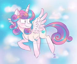 Size: 1024x843 | Tagged: safe, artist:drawbauchery, derpibooru import, princess flurry heart, alicorn, female, flying, looking back, mare, older, older flurry heart, smiling, solo