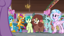 Size: 1280x720 | Tagged: safe, derpibooru import, screencap, gallus, ocellus, sandbar, silverstream, smolder, twilight sparkle, twilight sparkle (alicorn), yona, alicorn, changedling, changeling, classical hippogriff, dragon, earth pony, griffon, hippogriff, pony, yak, the hearth's warming club, bow, cloven hooves, dragoness, female, hair bow, jewelry, male, monkey swings, necklace, student six, teenager