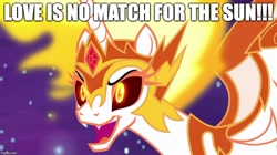 Size: 888x499 | Tagged: safe, derpibooru import, edit, edited screencap, screencap, daybreaker, alicorn, pony, a royal problem, colored sclera, female, image macro, lego, mane of fire, mare, meme, open mouth, solo, unikitty! (tv series)