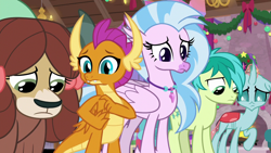 Size: 1280x720 | Tagged: safe, derpibooru import, screencap, ocellus, sandbar, silverstream, smolder, yona, alicorn, changedling, changeling, classical hippogriff, dragon, earth pony, griffon, hippogriff, pony, yak, the hearth's warming club, dragoness, female, jewelry, male, necklace, raised hoof, teenager