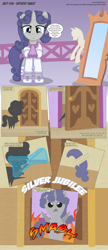 Size: 3300x7616 | Tagged: safe, artist:perfectblue97, oc, oc only, oc:silver jubilee, pony, comic:without magic, absurd resolution, carousel boutique, comic, mirror, missing ear, pointy ponies, shears