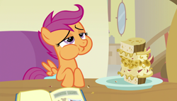 Size: 1920x1090 | Tagged: safe, screencap, scootaloo, pony, parental glideance, aweeg*, food, pasta and potato sandwich on sourdough, puffy cheeks, sandwich, solo