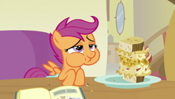 Size: 1920x1090 | Tagged: safe, screencap, scootaloo, pony, parental glideance, aweeg*, food, pasta and potato sandwich on sourdough, puffy cheeks, sandwich, solo