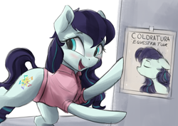 Size: 3600x2550 | Tagged: safe, artist:vanillaghosties, derpibooru import, coloratura, earth pony, pony, atg 2018, clothes, cute, female, high res, mare, newbie artist training grounds, open mouth, poster, rara, rarabetes, shirt, smiling, solo