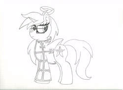 Size: 7813x5681 | Tagged: safe, artist:laurelcrown, derpibooru import, oc, unicorn, absurd resolution, ahoge, clothes, dress, glasses, lineart, monochrome, solo, the canterlonians, traditional art