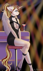 Size: 1111x1813 | Tagged: safe, artist:rexiwiksi, derpibooru import, oc, oc only, alicorn, anthro, unguligrade anthro, absolute cleavage, alicorn oc, anthro oc, breasts, cleavage, clothes, club, dress, female, little black dress, mare, ponytail, solo, wings