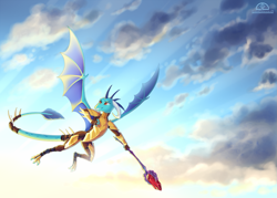 Size: 1575x1125 | Tagged: safe, artist:ladychimaera, derpibooru import, dragon lord ember, princess ember, dragon, armor, bloodstone scepter, cloud, cloudy, dragoness, female, flying, sky, solo, spread wings, wings