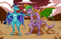 Size: 1000x650 | Tagged: safe, artist:valo-son, derpibooru import, princess ember, smolder, spike, dragon, armpits, claws, hug, hug from behind, older, one eye closed, playful, smiling, wink