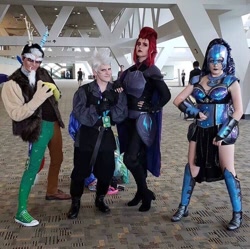 Size: 750x747 | Tagged: safe, artist:active_eyebrows, artist:maddymoiselle, artist:sarahndipity cosplay, artist:thebooseisloose, derpibooru import, discord, grubber, nightmare moon, tempest shadow, human, my little pony: the movie, armor, baltimore, baltimore convention center, boots, bronycon, bronycon 2018, clothes, convention, converse, cosplay, cosplayers, costume, facial hair, humanized, irl, irl human, makeup, no pony, photo, shoes, wig