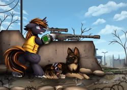 Size: 3508x2480 | Tagged: safe, artist:pridark, derpibooru import, oc, oc only, dog, pony, unicorn, fallout equestria, barbed wire, clothes, commission, dead tree, ear fluff, foal, gun, hearing aid, horn, optical sight, pipbuck, rifle, ruins, scenery, sniper rifle, tail, teeth, tree, wasteland, weapon