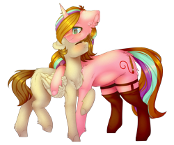 Size: 2701x2245 | Tagged: safe, artist:twinkepaint, derpibooru import, oc, oc only, oc:twinke paint, pegasus, pony, unicorn, clothes, female, high res, hug, mare, rainbow hair, simple background, socks, transparent background