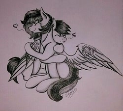 Size: 480x434 | Tagged: safe, artist:shamy-crist, derpibooru import, oc, oc only, pegasus, pony, female, hug, male, mare, monochrome, stallion